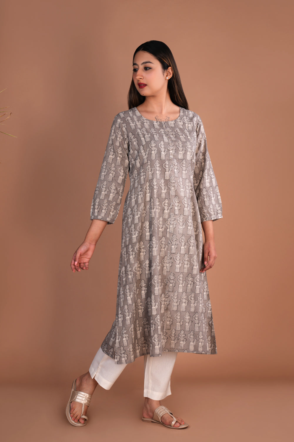 Image of Grey Bagru Handblock printed Kurta